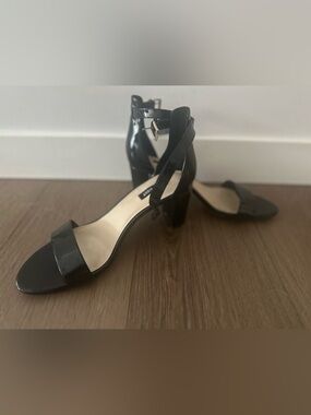 Nine West Black Patent Block Heel Sandals with Ankle Strap